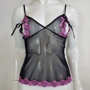 Vintage Y2K Victoria's Secret Black Mesh Purple Lace Lingerie Top